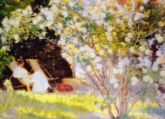 Oil painting Peder-Severin-Kroyer-Les-Roses young lady rest in spring landscape