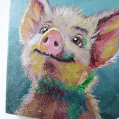 Original Acrylic Painting Cute Happy Pig Portrait Small Hand Painted Canvas Art