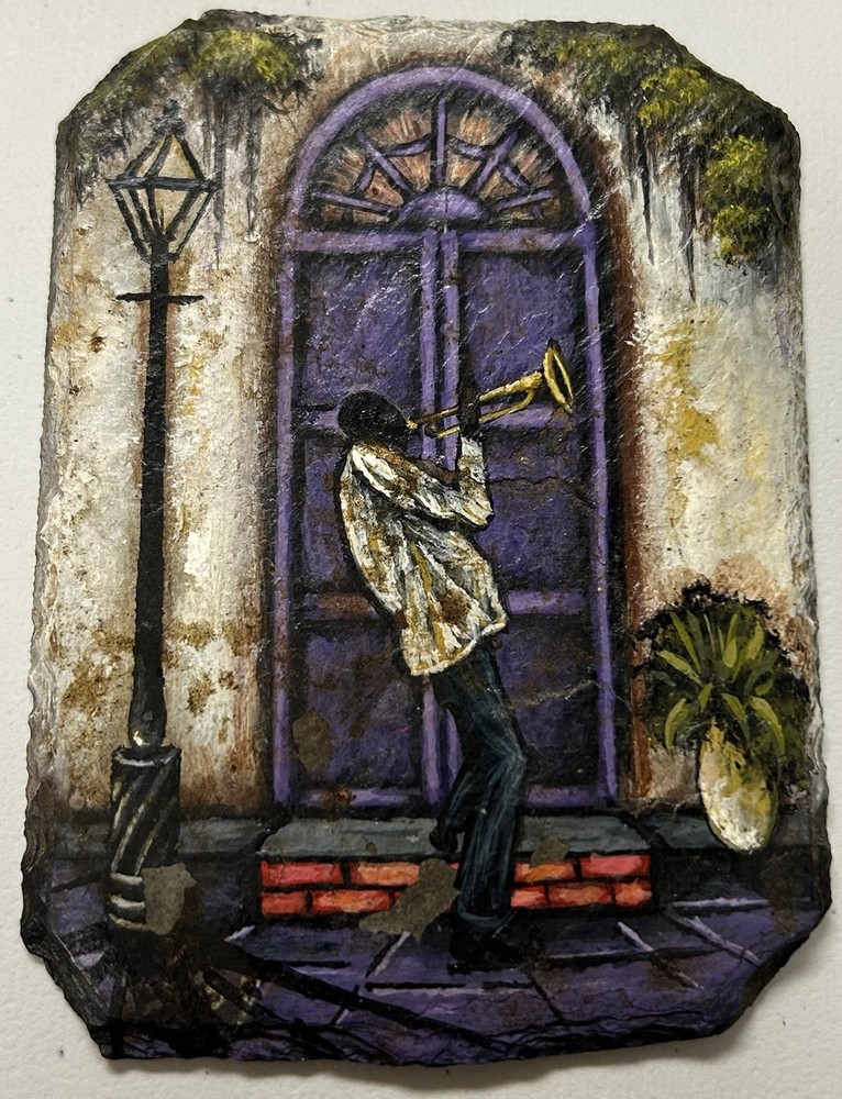 Hand Painted New Orleans French Quarter Reclaimed Slate Art Jazz Musician 1998