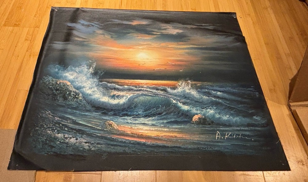 A. Kania Signed Realism Seascape Sunset Ocean Waves Painting on Canvas 20 x 24