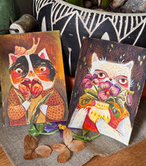 Original ACEO Set 2 in 1 Cat Spring Flowers Medieval Style Folk Art OOAK Signed