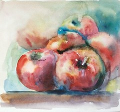 Original Watercolor Red Apples Painting Fruit Artwork Kitchen Wall Decor