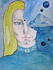 original art watercolor painting portrait alien Nordic Pleiadean cosmic Sci-fi
