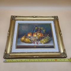 Vintage Still Life Oil Painting Fruit Basket Apple Pear Grapes Framed Art Signed