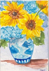 Original ACEO Sunflowers, Hydrangeas, Blue & white Vase Watercolor Painting
