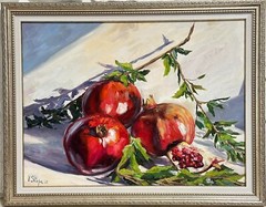 Original Oil Painting FRAMED Pomegranate Fruit kitchen Art Impression Signed
