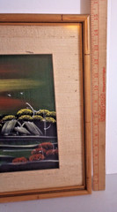 Vintage Asian Painting on Silk / Bamboo Framed w/ Weave Matting Midcentury