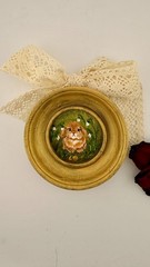 Vintage Poofy little rabbit Oil Painting: Small Round Frame, Country Wall Art