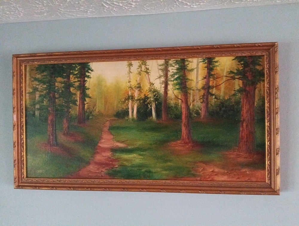Vintage Original Oil Painting by Gauthier Signed Landscape Path Trees 30 X 15