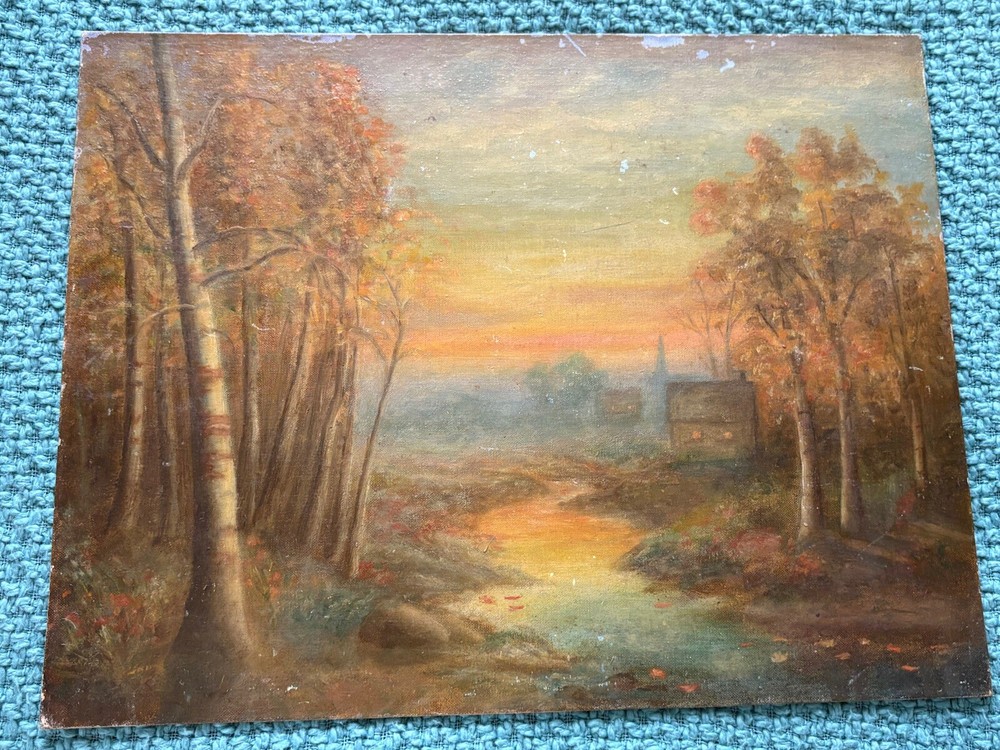 Vintage oil painting The Village At Sunset – 1940 (14” X 18”)