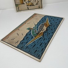 African Sand Art Vintage Wooden Picture Fishing Boat Village Mortar Unique Set 2