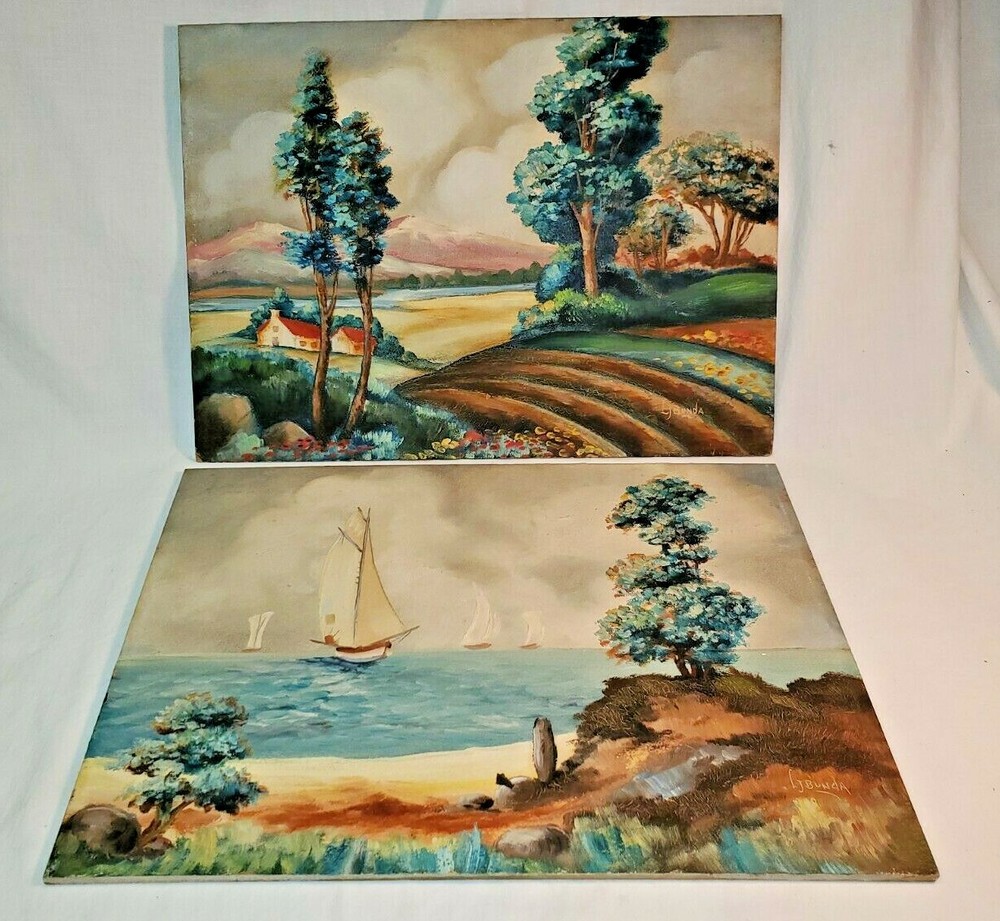 2 Original OIL PAINTINGS L J BUNDA signed on Board SAILBOATS ocean LANDSCAPE