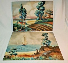 2 Original OIL PAINTINGS L J BUNDA signed on Board SAILBOATS ocean LANDSCAPE