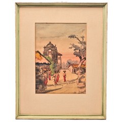 MARTA NEVES Original Vintage Signed Mayan Guatemala Village Watercolor Painting
