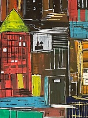 Original painting 20×20″ buildings city people textured Canvas by Lynne Kohler