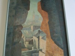 MODERNIST COMPOSITION 40 INCHES OIL ON CANVAS CITY VIEW THROUGH HOLE WINDOW MOD