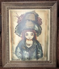 Vintage Roger Etienne Everaert Painting Parisian Big Eyed Girl Mixed Media Art