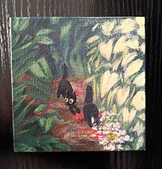 Original Cat & Flowers Canvas Panel Acrylic Painting Signed By S.p.paintings