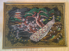 Vintage Mid Century Black Velvet Painting Japanese Pagoda Peacock