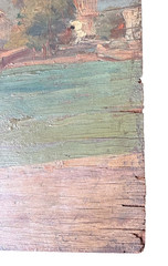 Vintage Oil Painting on Wood Panel Coastal Village Landscape 13×20.5