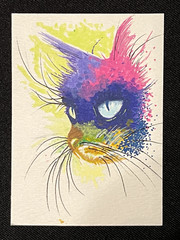 ACEO Original, Abstract Whimsical Colorful Cat, Mini Art Painting, by Annibbie