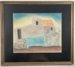 Vintage Original Pastel Drawing Southwestern Architectural Cubism -Signed 1969