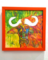 Original Signed Water Buffalo Framed Art Piece, Colorful Folk Expressionist 2016