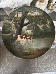 Hand Painted Wood Collector Plate Round Multicolor Cows Landscape Scene