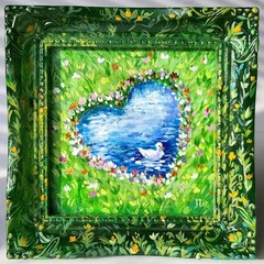 Framed Original painting Duck on the heart pond flower Whimsical garden