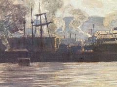 LEOPOLD BERAN INDUSTRIAL PORT SEASCAPE TONALIST MID CENTURY ANTIQUE OIL PAINTING
