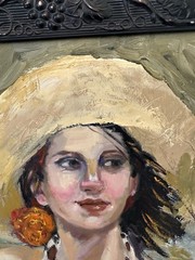 Original Portrait Painting Woman Sun Hat Summer Beach Spring Framed Art 21×25