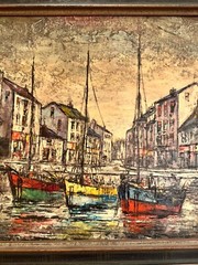 Vintage MCM Boats In Harbor Town Oil Painting 28 1/2″ x 25″