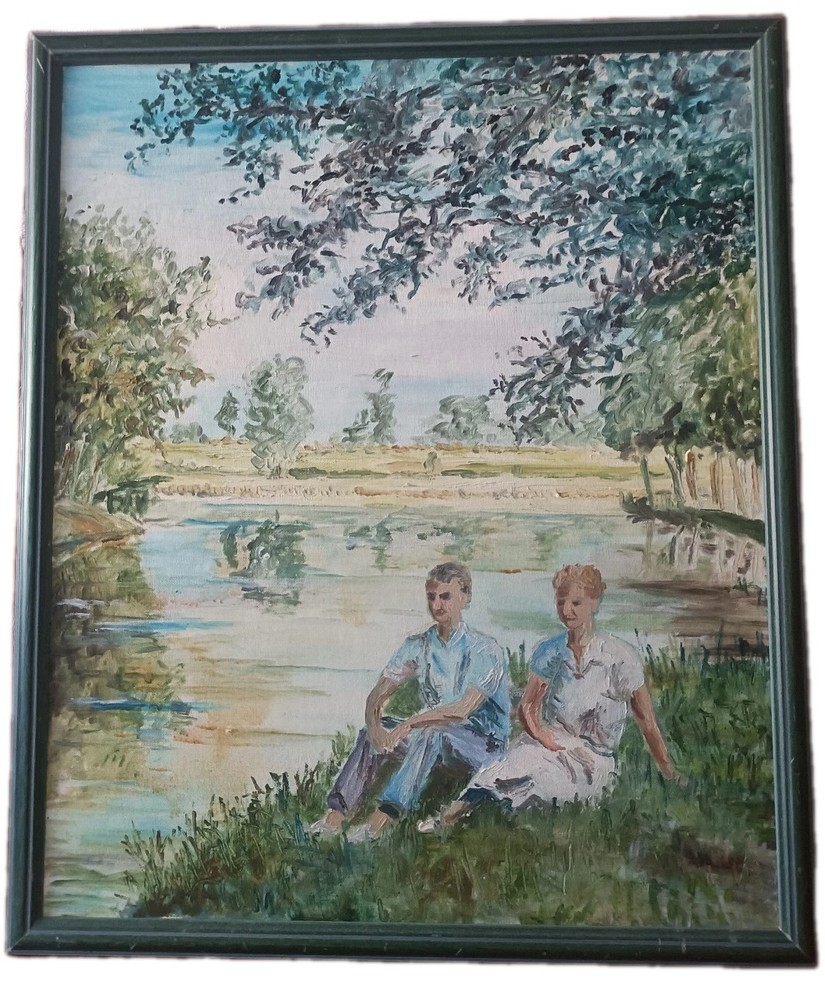 Vintage Original Handmade Oil Painting, Couple Men & Women They sit by the River