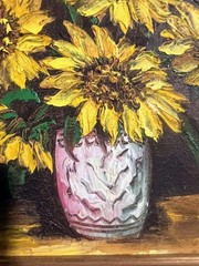 Vintage Oil Painting Floral Still Life Sunflowers Flowers Artist Signed Howard