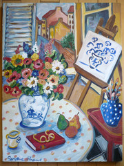 SUZANNE ETIENNE, OREGON MODERN IMPRESSIONIST FLORAL VASE TABLE FLOWERS CITY OIL