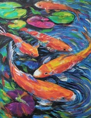 Original Abstract Expressionism Colorful Koi Fish 14 x 11 Canvas Wall Painting