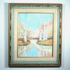 1960s Original oil painting Birch Tree Woodland landscape