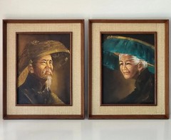 Vintage Pair Tom Wong Originals Asian Couple Man Woman Painting Signed & Framed