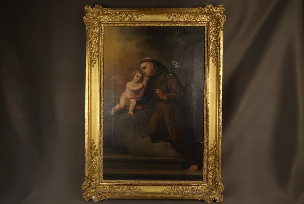 Antique Oil Painting Saint Anthony of Padua with Child Jesus 18th Century