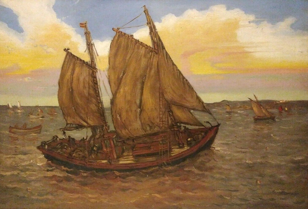 LISTED AMERICAN MARSHALL FRY Sd ORIGINAL O/C ANTIQUE MARITIME SAILING SHIPS