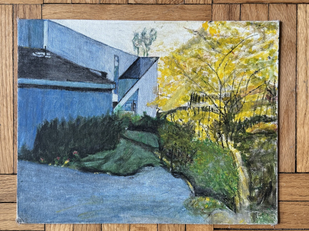 Vintage Landscape Painting w/Modern Architecture Acrylic Board 14″x 11″ OOAK