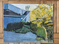 Vintage Landscape Painting w/Modern Architecture Acrylic Board 14″x 11″ OOAK