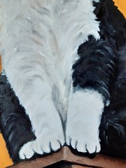 Black and White Cat Painting Cat Green Eyes Oil Artwork 12 x 9 Animal Art