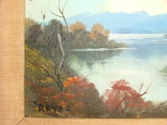 REYES North Or South America Midcentury Painting Lake With Hills Or Mountains