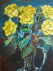 Derri C.L. Stillleben Roses Yellow Vase Table Room Green Leaves Shadow Sign