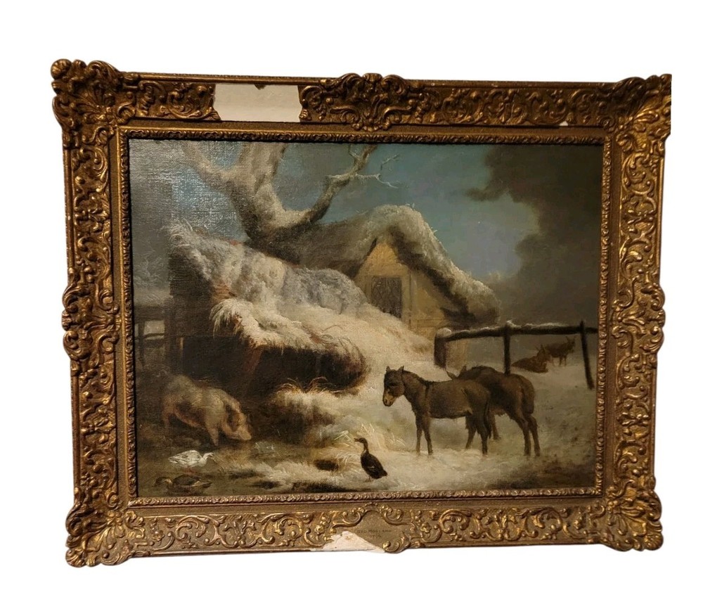 Antique Winter Farm Scene Oil Painting Geo Morland 1796 Signed Horses Animals