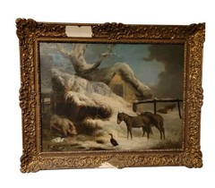Antique Winter Farm Scene Oil Painting Geo Morland 1796 Signed Horses Animals