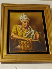 WOMAN BASKET WEAVERING ORIGINAL OIL PAINTIN BY ALEX WHITE – 26″ X 29 1/2 FRAMED