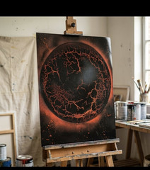 Abstract Painting Circular Red Crackle Design Dark Red & Black Unframed