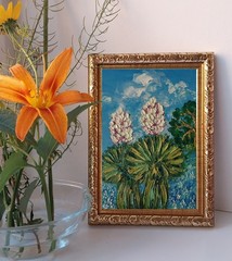 Framed Texas Landscape Yuccas Bluebonnets Art 4×6” Impasto Oil Painting Original